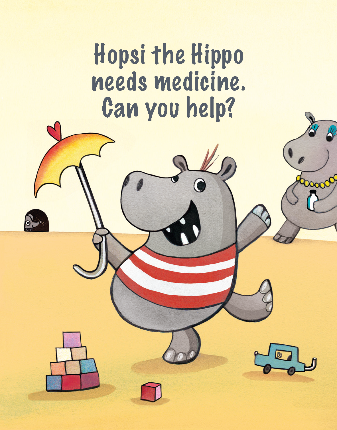 Front page of the pamphlet "Hopsi the Hippo needs medicine. Can you help?".